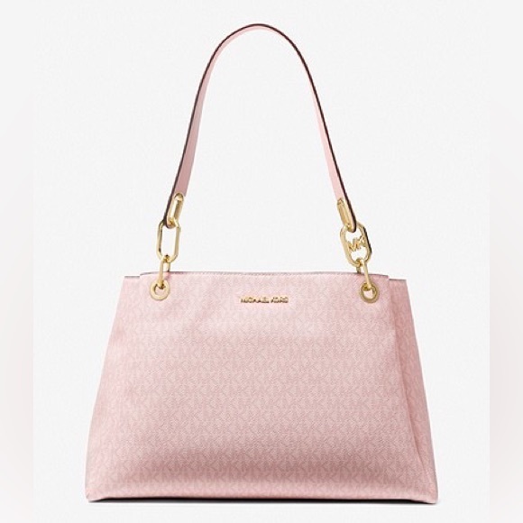 🎉 SALE 🎉 NWT! Michael Kors Dark Powder Blush Trisha Large Logo Shoulder Bag - Picture 1 of 17
